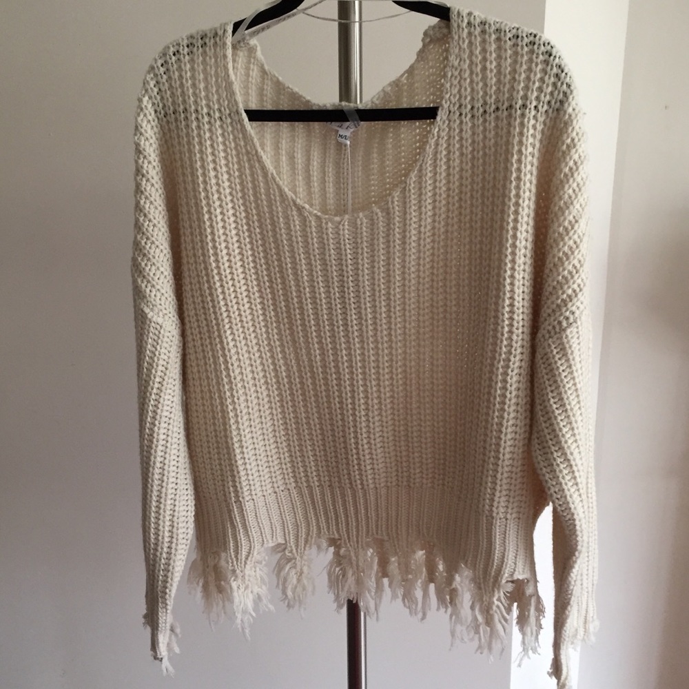 On The Road Light Beige Ribbed Fringe Long Sleeve Knit Sweater Size M/L